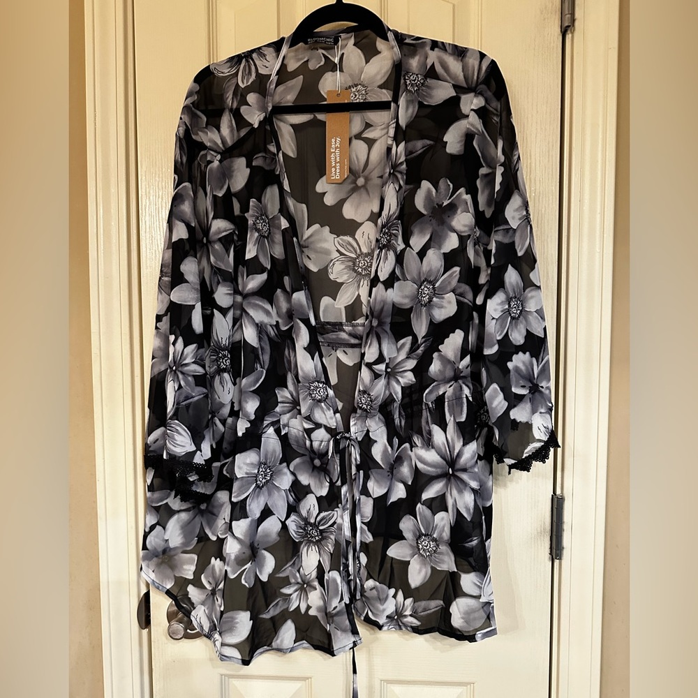 Floral Print Ties Front Crochet Lace Kimono